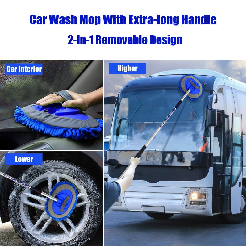 GreatCool 62" Car Wash Brush Mop Kit with Long Handle, 2 in 1 Chenille Microfiber Sponge Mitt Cleaning Detailing Duster for Washing Cars Truck SUV RV Caravans and Household(2 x Mop Head) (Blue) - Image 3