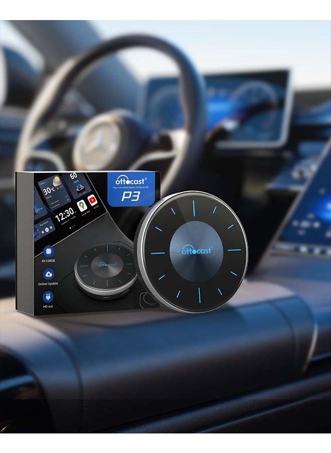 Ottocast - OTTOCAST P3 OttoAiBox - 2024 Android 12 CarPlay AI Box, Wireless CarPlay & Android Auto Adapter, 8GB+128GB, HDMI Output, GPS, Video Viewing YouTube, Netflix, Tiktok, etc - Image 1