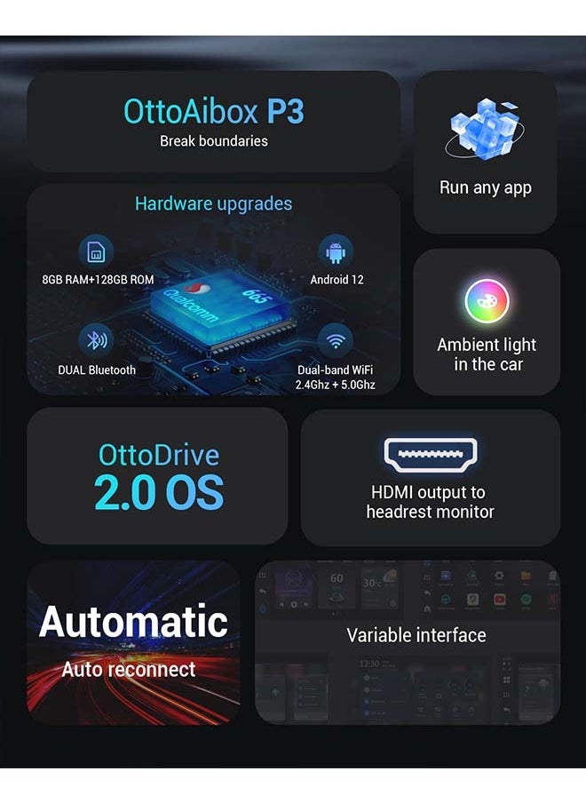 Ottocast - OTTOCAST P3 OttoAiBox - 2024 Android 12 CarPlay AI Box, Wireless CarPlay & Android Auto Adapter, 8GB+128GB, HDMI Output, GPS, Video Viewing YouTube, Netflix, Tiktok, etc - Image 1
