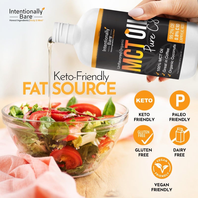 Intentionally Bare Pure C8 MCT Oil Organic - Brain Octane C8 MCT Oil for Clean Energy, Keto Paleo and Vegan Diet - Unflavored Brain Octane for Coffee, Shakes and Salads - Coconut MTC 16oz - Image 1