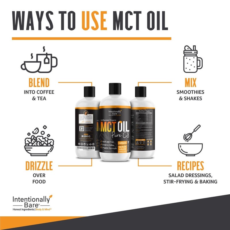 Intentionally Bare Pure C8 MCT Oil Organic - Brain Octane C8 MCT Oil for Clean Energy, Keto Paleo and Vegan Diet - Unflavored Brain Octane for Coffee, Shakes and Salads - Coconut MTC 16oz - Image 2