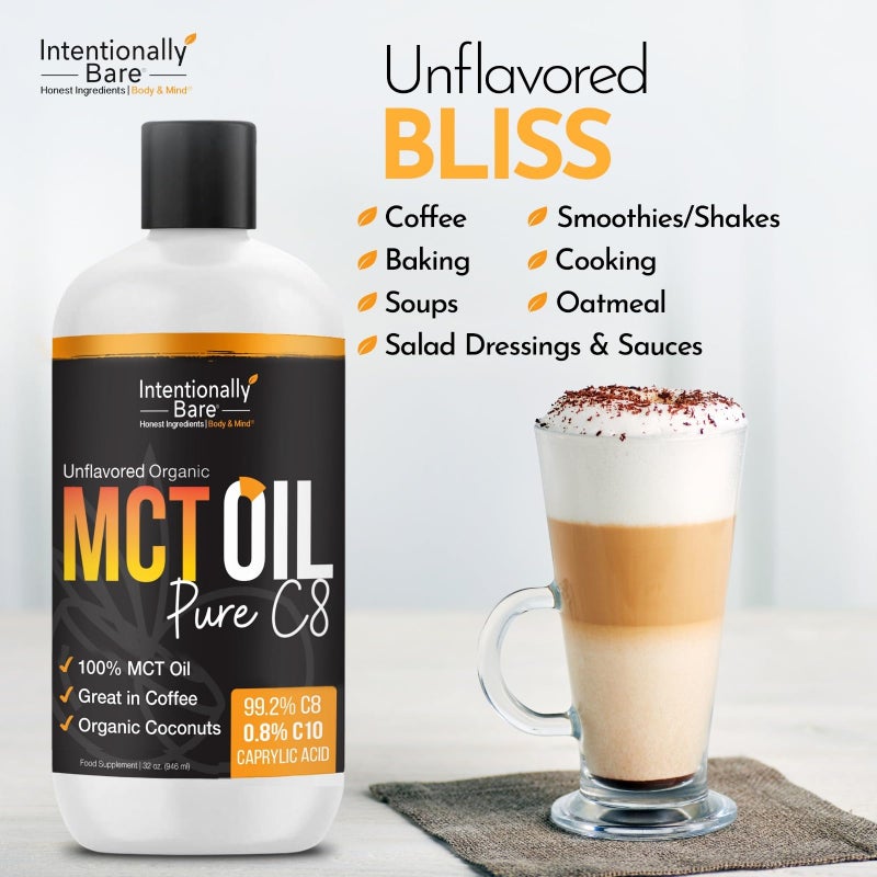 Intentionally Bare Pure C8 MCT Oil Organic - Brain Octane C8 MCT Oil for Clean Energy, Keto Paleo and Vegan Diet - Unflavored Brain Octane for Coffee, Shakes and Salads - Coconut MTC 16oz - Image 4