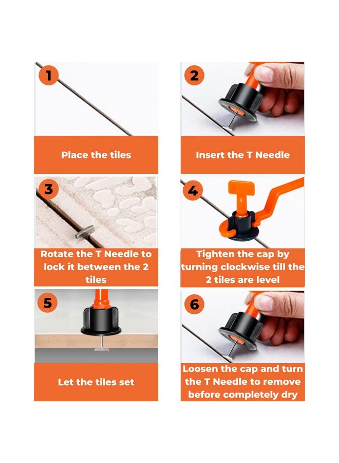 Zaptec Reusable Tile Levelling System Complete Kit For Floor & Wall Tiles (Pack of 50 Pcs T Needle, 50 Pcs Cap & 1 Wrench) (Orange & Black) - Image 3