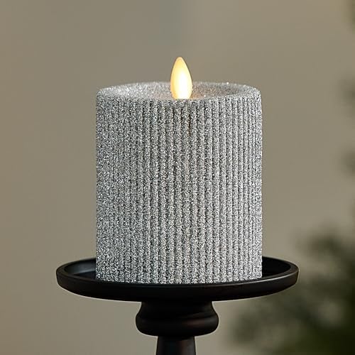 Luminara Brilliant Silver Glitter Ribbed Flameless LED Candle Moving Flame Pillar Real Wax Flat Top Timer 325 x 45 - Image 1
