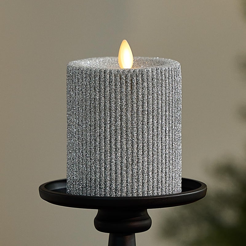 Luminara Brilliant Silver Glitter Ribbed Flameless LED Candle Moving Flame Pillar Real Wax Flat Top Timer 325 x 45 - Image 2