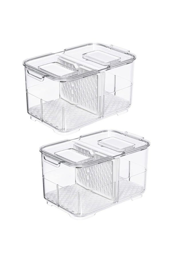Slideep Food Storage Containers Kitchen Storage Fridge Produce Saver, Stackable Refrigerator Organizer Keeper Foldable lid with Removable Drain Tray for Produce, Fruits, Vegetables 2800 ml - 2 Pack - Image 1
