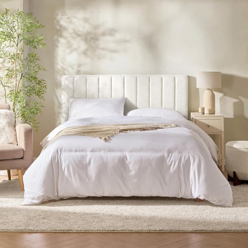 Nestl Upholstered Queen Headboard - Easy Assemble Channel Stitched Headboard Queen Size - Wall Mounted Headboards with 3D Soundproof Wall Panels Peel & Stick Floating Headboards, Off White - Image 1
