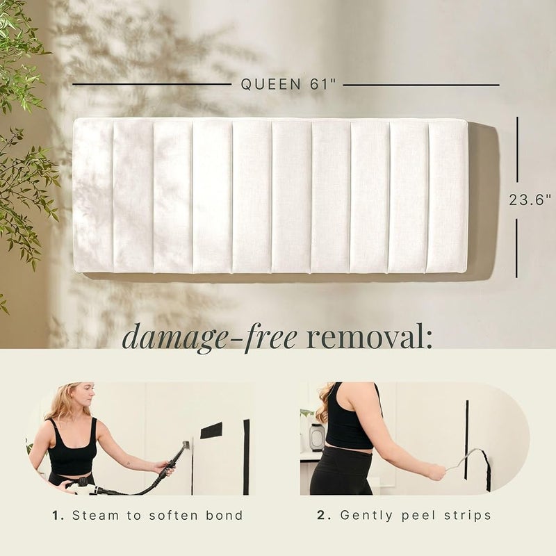 Nestl Upholstered Queen Headboard - Easy Assemble Channel Stitched Headboard Queen Size - Wall Mounted Headboards with 3D Soundproof Wall Panels Peel & Stick Floating Headboards, Off White - Image 2