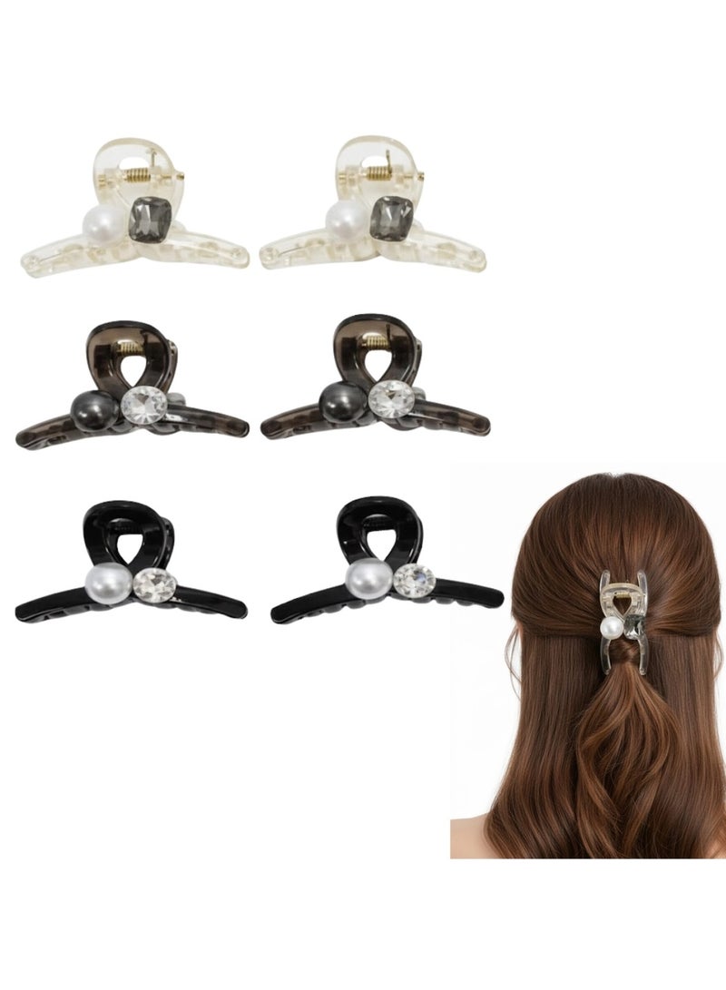 Dantiya 6 Pcs Pearl & Rhinestone Mini Hair Claw Clips – Strong Grip Hair Clips for Women & Girls, Elegant Acrylic Clamps for Styling, Sectioning, Half-Up Hairstyles (Clear, Brown, Black) - Image 1