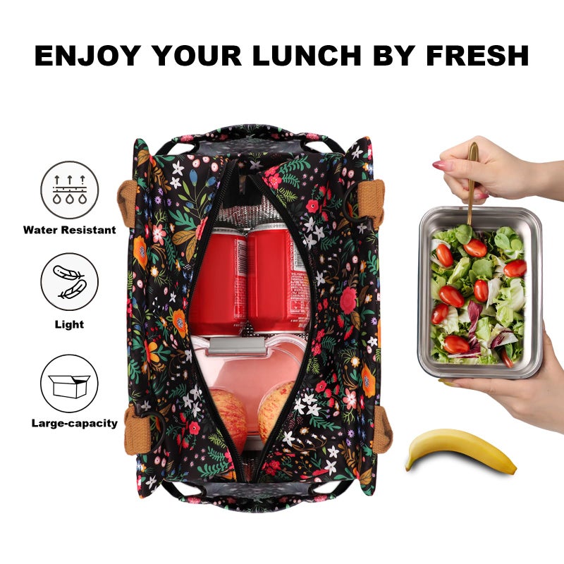 Joymee Lunch Bag Women, Leakproof Insulated Floral Lunch Box with Adjustable Shoulder Strap Large Reusable Adult Lunch Box Lunch Tote Lunch Bag with Water Bottle Holder and Side Pockets-Multi-Floral - Image 3