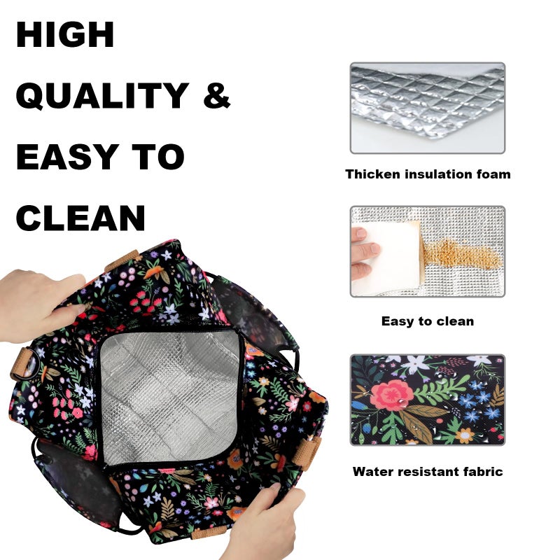 Joymee Lunch Bag Women, Leakproof Insulated Floral Lunch Box with Adjustable Shoulder Strap Large Reusable Adult Lunch Box Lunch Tote Lunch Bag with Water Bottle Holder and Side Pockets-Multi-Floral - Image 4