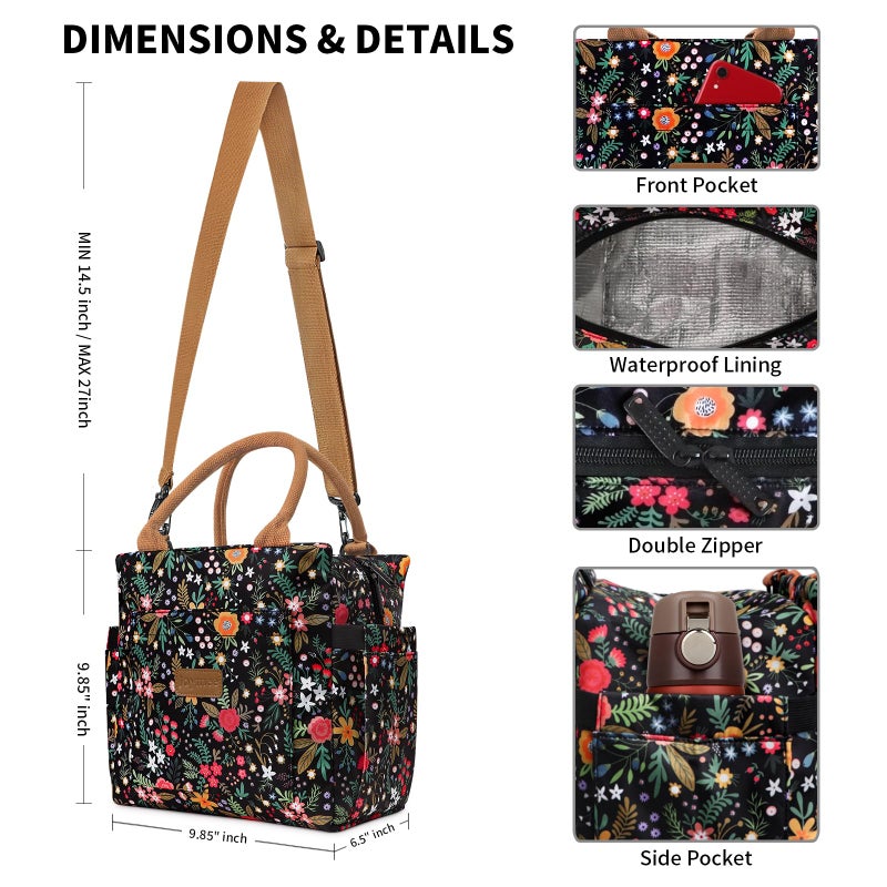 Joymee Lunch Bag Women, Leakproof Insulated Floral Lunch Box with Adjustable Shoulder Strap Large Reusable Adult Lunch Box Lunch Tote Lunch Bag with Water Bottle Holder and Side Pockets-Multi-Floral - Image 2