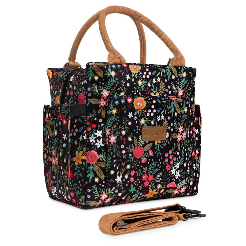 Joymee Lunch Bag Women, Leakproof Insulated Floral Lunch Box with Adjustable Shoulder Strap Large Reusable Adult Lunch Box Lunch Tote Lunch Bag with Water Bottle Holder and Side Pockets-Multi-Floral - Image 1