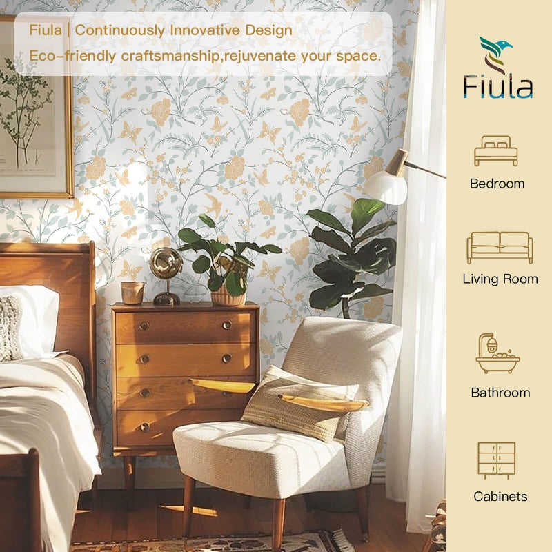 Fiula Vintage Wallpaper Floral Peel and Stick Wallpaper Boho Light Blue and Yellow Wall Paper Bird Botanical Contact Paper for Cabinets Renter Friendly Self-Adhesive Bathroom Bedroom 78.7"Ã—17.3" - Image 2