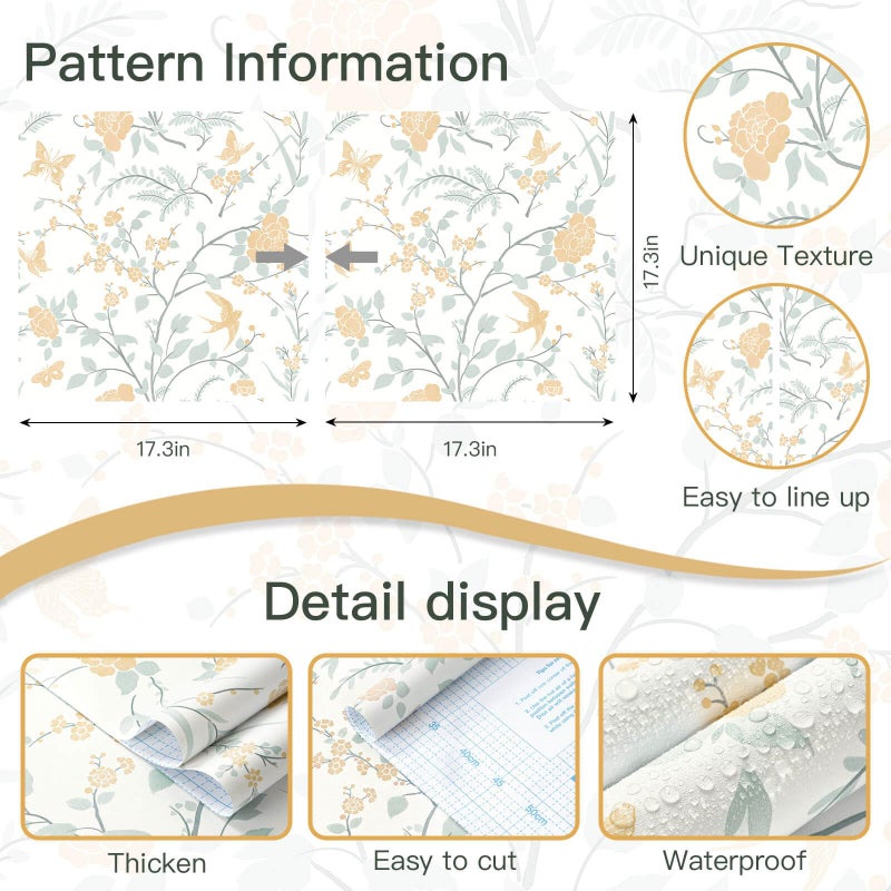 Fiula Vintage Wallpaper Floral Peel and Stick Wallpaper Boho Light Blue and Yellow Wall Paper Bird Botanical Contact Paper for Cabinets Renter Friendly Self-Adhesive Bathroom Bedroom 78.7"Ã—17.3" - Image 3