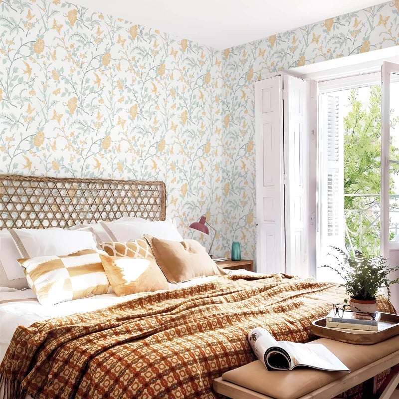 Fiula Vintage Wallpaper Floral Peel and Stick Wallpaper Boho Light Blue and Yellow Wall Paper Bird Botanical Contact Paper for Cabinets Renter Friendly Self-Adhesive Bathroom Bedroom 78.7"Ã—17.3" - Image 4