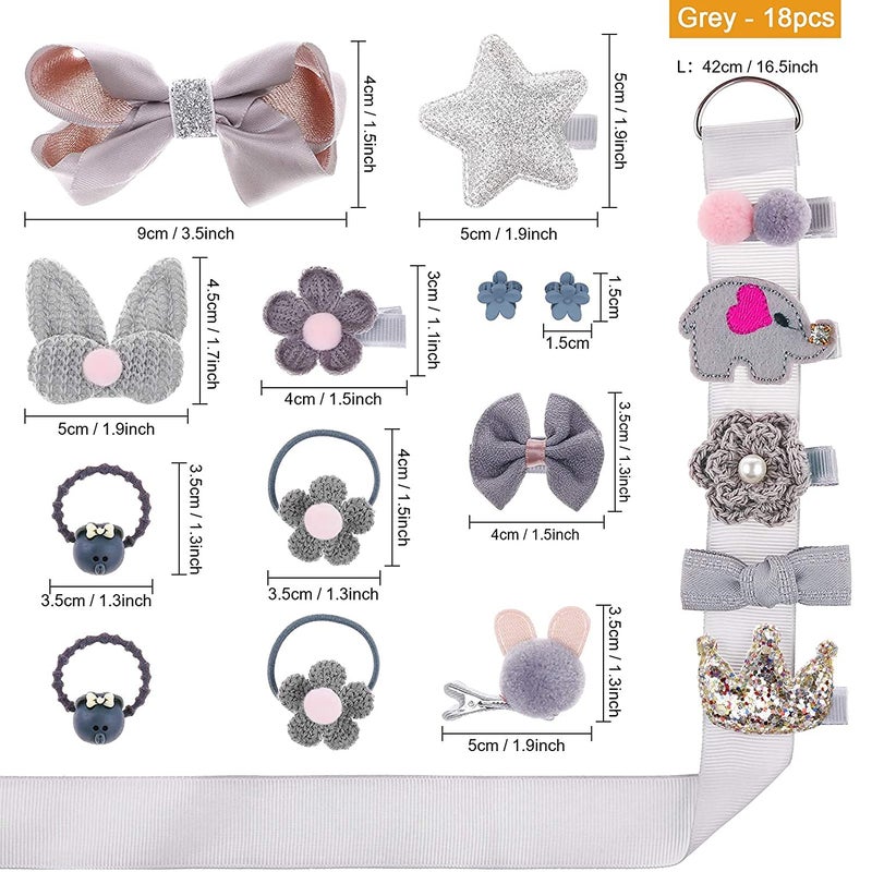 kapimo Fancy Hair Clips For Baby Girls Toddlers Assorted Stylish Fashion Hair Accessories 18 Pcs Gift Set Box (Grey) - Image 2