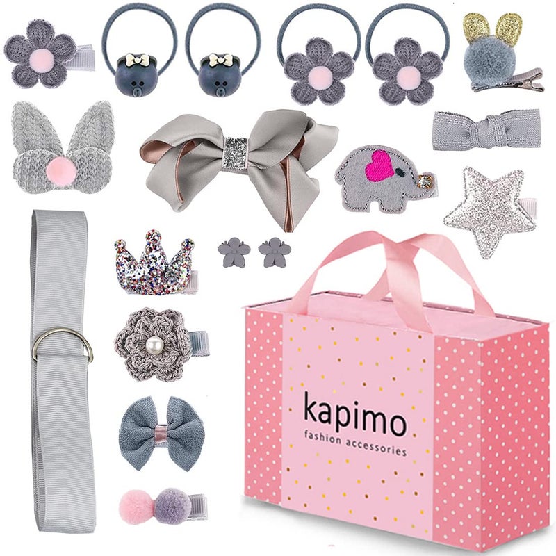 kapimo Fancy Hair Clips For Baby Girls Toddlers Assorted Stylish Fashion Hair Accessories 18 Pcs Gift Set Box (Grey) - Image 1