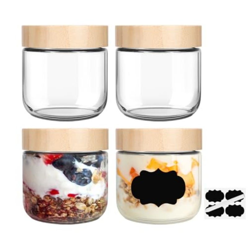 10oz Glass Overnight Oats Containers with Bamboo Lids, 4 Pack Wide Mouth Airtight Storage Jars for Meal Prep, Yogurt, Salad, Pudding, Cereal, Spices, and More - Image 1