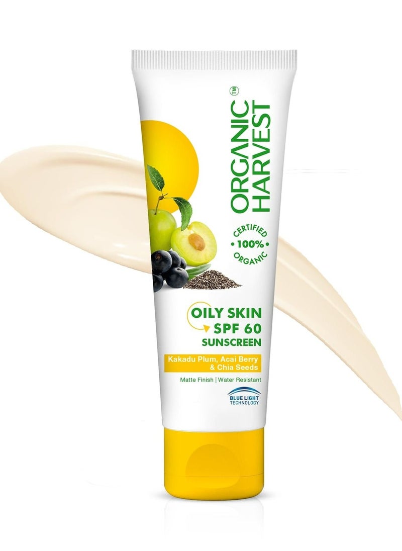 Organic Harvest - Organic Harvest Oily Skin SPF 60 Sunscreen For Men/Women With Kakadu Plum, Acai Berry & Chia Seeds -100% Certified Organic -100% Transparent, Responsible, Sustainable - free 100 ml - Image 1
