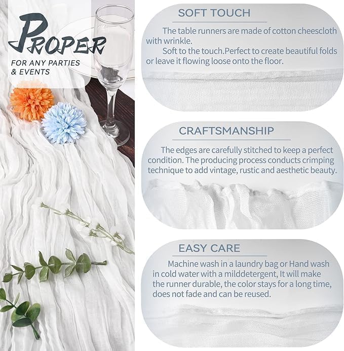 MAKINGTEC Cheesecloth Table Runner, 10Ft x 35" Rustic Gauze Boho Wedding Table Runner Decoration, Vintage Table Centerpieces, Table Cloth, for Wedding Reception Bridal Shower Birthday (1 Pack White) - Image 3