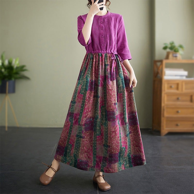 2025 Summer New Style Cotton and Linen Artistic Retro Stitching Long dress Womens Front Half Single-breasted Simple Skirt Picture color