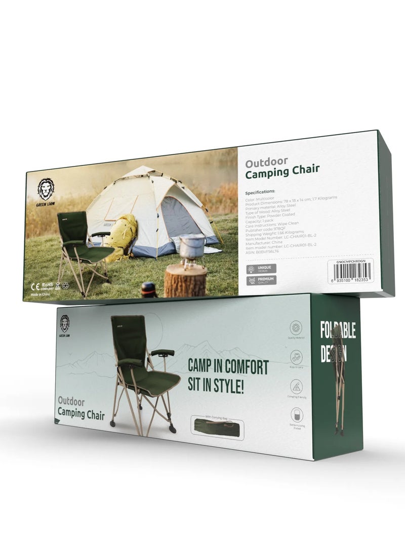 جرين ليون كرسي تخييم خارجي مع حقيبة حمل سهل الحمل / مناسب للتخييم / جيب لحمل الزجاجات / قماش أكسفورد 600D / سعة تحميل 150 كجم / سعة تحميل عالية / مادة عالية الجودة / تصميم قابل للطي / هيكل موثوق به / متين / استمتع بالتخييم / كرسي سفر - أخضر غامق - Image 5