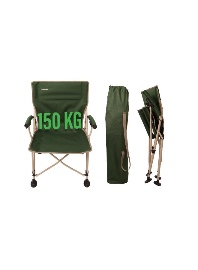 جرين ليون كرسي تخييم خارجي مع حقيبة حمل سهل الحمل / مناسب للتخييم / جيب لحمل الزجاجات / قماش أكسفورد 600D / سعة تحميل 150 كجم / سعة تحميل عالية / مادة عالية الجودة / تصميم قابل للطي / هيكل موثوق به / متين / استمتع بالتخييم / كرسي سفر - أخضر غامق - Image 1