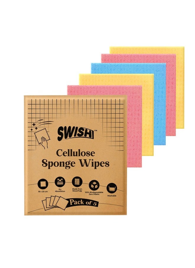 SWISH Swish Multi-Purpose Sponge Wipes (Pack of 5) | Reusable Kitchen Cleaning Sponge - 10x Absorbent | Multipupose Washable Sponge Wipes for Dry & Wet Use | Natural Cellulose Sponge Wipes for Kitchen  - Image 1