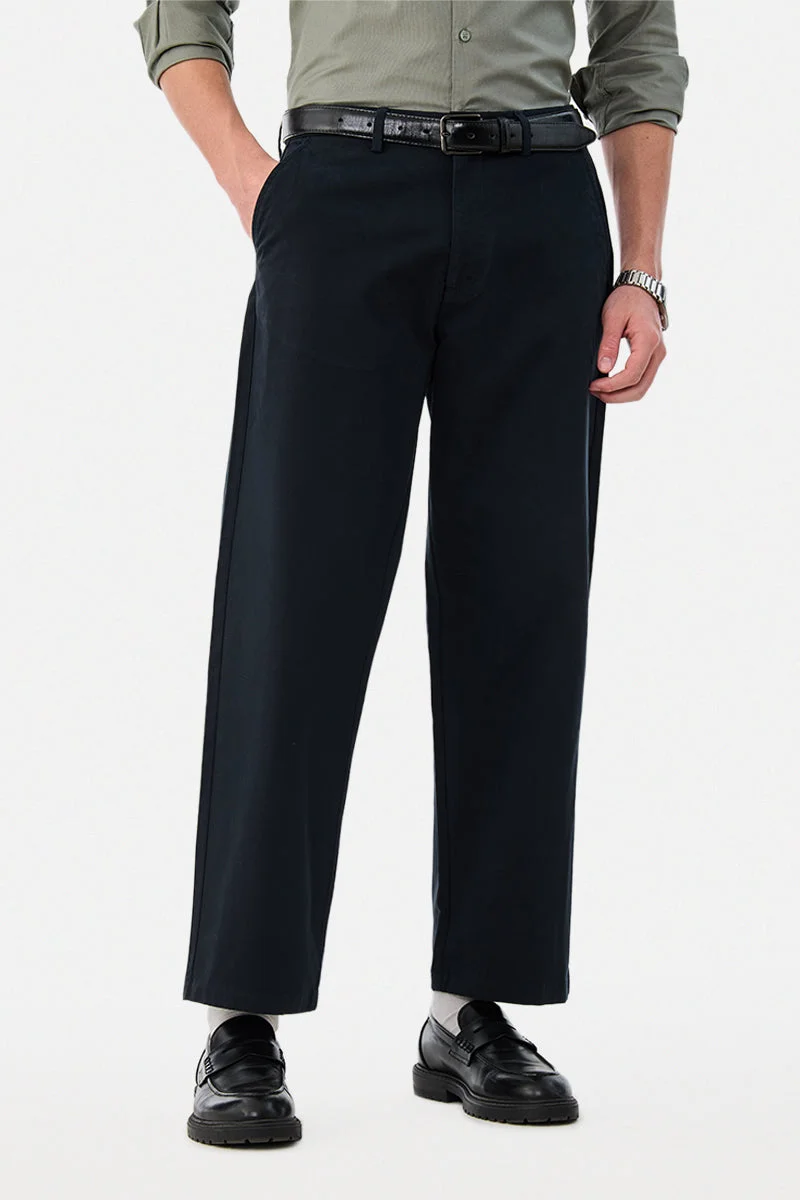 SNITCH Navy Solid Wide Leg Casual Chinos