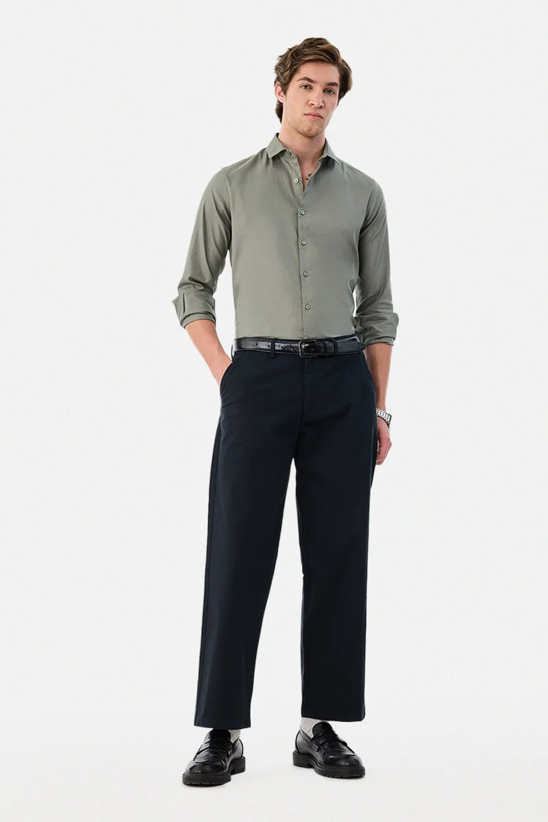 SNITCH Navy Solid Wide Leg Casual Chinos