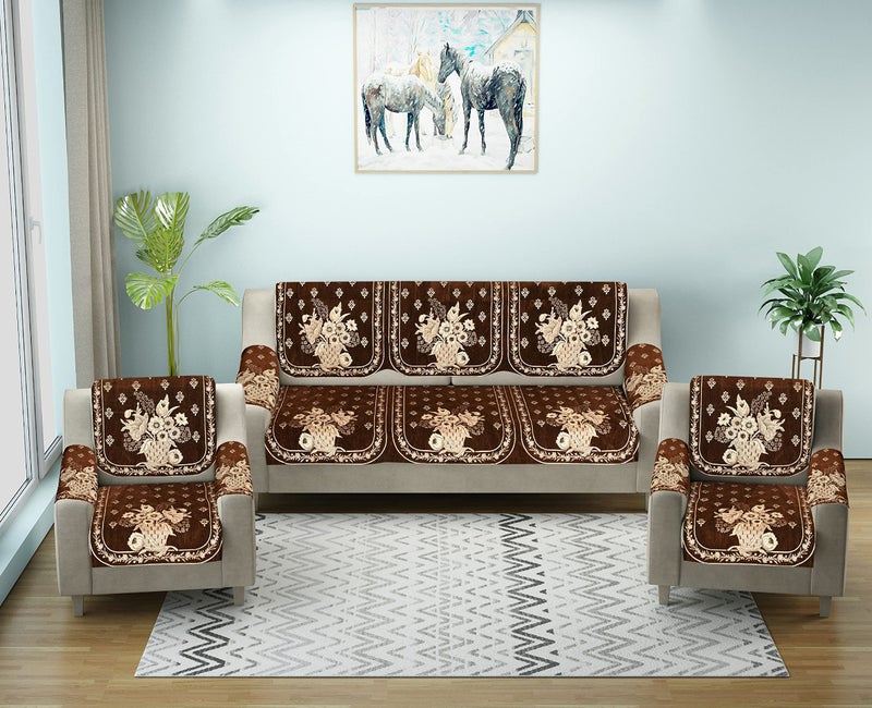 SAWNA HOMES 5 Seater Printed Sofa Cover Set with Arm Covers | Velvet Chenille Sofa Back Slip Panels for 3,1,1 Seater | Anti-Slip Washable Protectors for Living Room (12 Pcs, Coffee) - Image 3