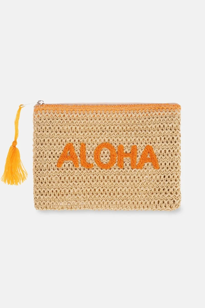 داجي Ecru Aloha Patterned Straw Handbag