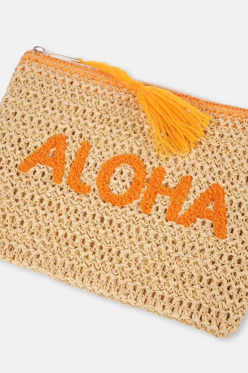 داجي Ecru Aloha Patterned Straw Handbag