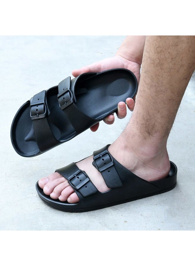 TEMI Mens Slides Adjustable Slip on Sandals,Summer Beach Pool Shower EVA Sandals for Men,Double Buckle Lightweight Waterproof Comfy Bathroom Flat House Slippers for Men Size - Image 2