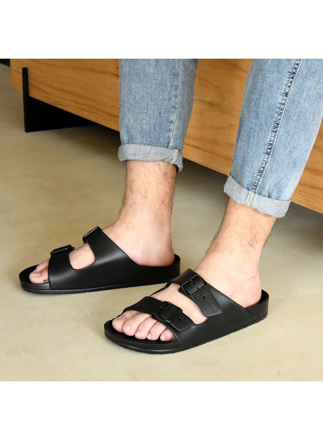 TEMI Mens Slides Adjustable Slip on Sandals,Summer Beach Pool Shower EVA Sandals for Men,Double Buckle Lightweight Waterproof Comfy Bathroom Flat House Slippers for Men Size - Image 3