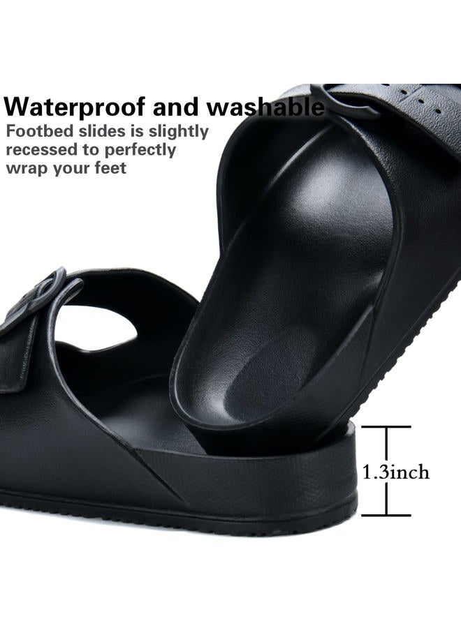TEMI Mens Slides Adjustable Slip on Sandals,Summer Beach Pool Shower EVA Sandals for Men,Double Buckle Lightweight Waterproof Comfy Bathroom Flat House Slippers for Men Size - Image 4