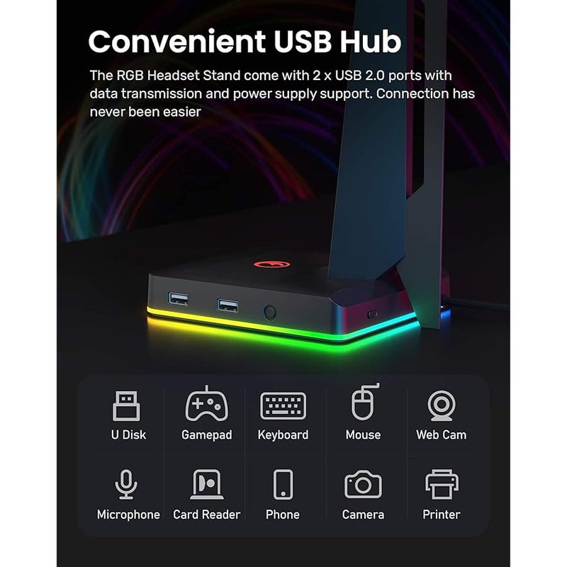 IFYOO حامل سماعة راس للالعاب بفضاء لوني ار جي بي مع منفذي USB، حامل سماعة راس للالعاب للكمبيوتر وXbox One وبلاي ستيشن 4 وسويتش وحامل سماعة اذن رائع لمحطات الالعاب، ملحقات العاب مكتبية، اسود - Image 4