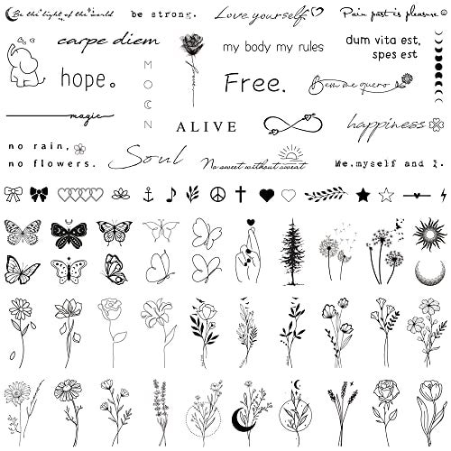 TATUWST Realistic Temporary Tattoos for Women - 60 Sheets Tiny Small Removable Adult Fake Tattoos,185 Pcs Minimalist Waterproof Inspirational Quotes Words Wild Flower Floral Bouquet Adults Tattoo Stickers - Image 1