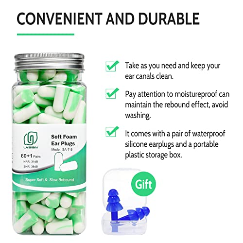 LYSIAN Ultra Soft Foam Earplugs for Sleep 60 Pairs, 38dB SNR Ear Plugs for Sleeping Noise Cancelling, Mowing and Snoring,Double Color Green/White - Image 4
