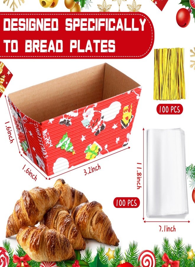 SiliFine 100 Sets Christmas Paper Loaf Pans Mini Disposable Baking Bread Pans with 100 Pcs Clear Bread Bags with Ties Rectangle Loaf Molds for Cake Oven Baker(3.2 x 1.6 x 1.6 Inches) - Image 2