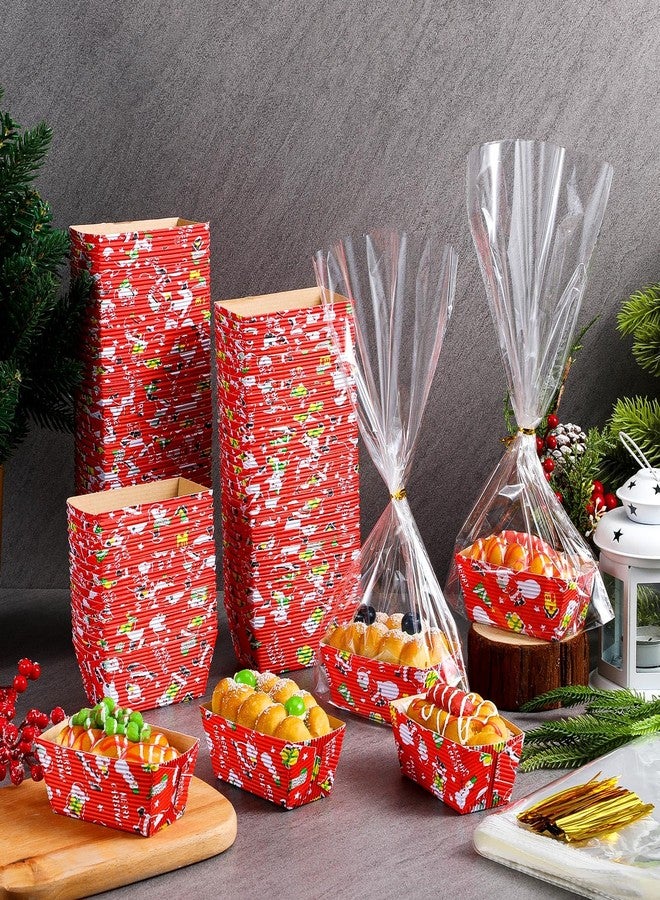 SiliFine 100 Sets Christmas Paper Loaf Pans Mini Disposable Baking Bread Pans with 100 Pcs Clear Bread Bags with Ties Rectangle Loaf Molds for Cake Oven Baker(3.2 x 1.6 x 1.6 Inches) - Image 4