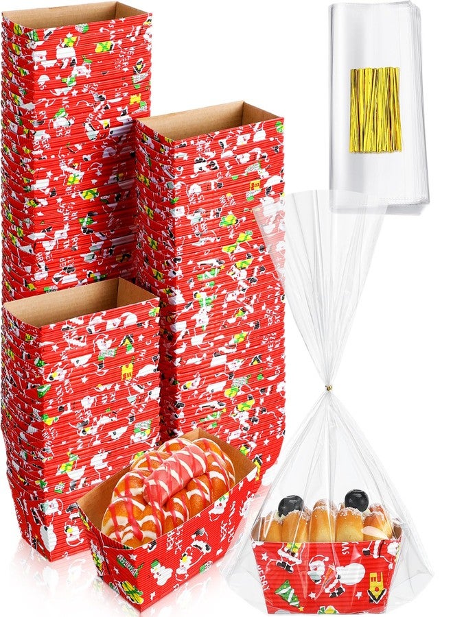 SiliFine 100 Sets Christmas Paper Loaf Pans Mini Disposable Baking Bread Pans with 100 Pcs Clear Bread Bags with Ties Rectangle Loaf Molds for Cake Oven Baker(3.2 x 1.6 x 1.6 Inches) - Image 1