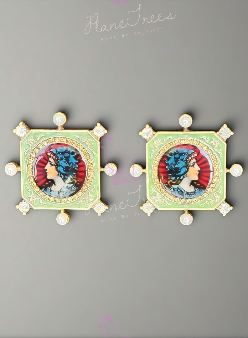 PLANE TREES Vintage-Inspired Stud Earrings – Artistic Portrait Design with Pearl & Enamel Accents – Statement Jewelry for Women - Image 1