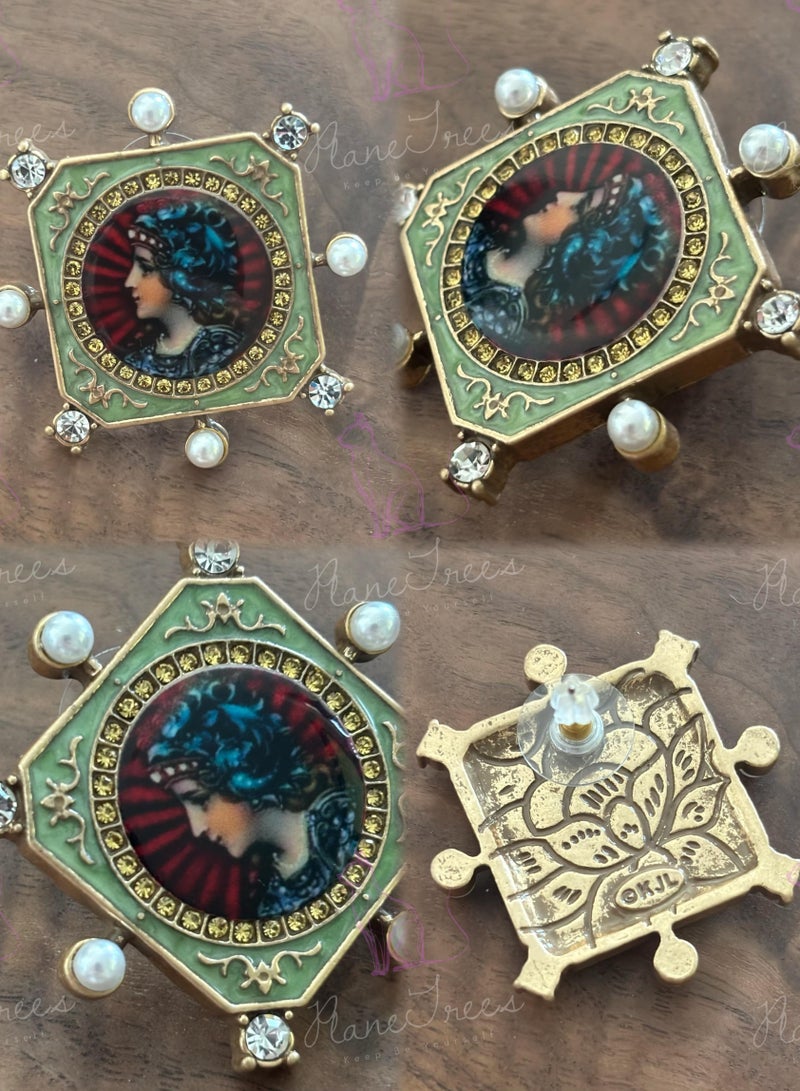 PLANE TREES Vintage-Inspired Stud Earrings – Artistic Portrait Design with Pearl & Enamel Accents – Statement Jewelry for Women - Image 2
