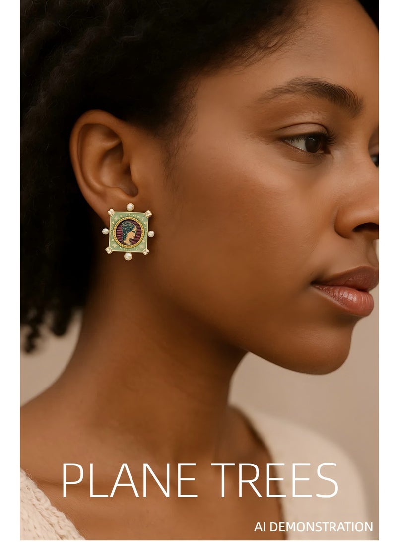 PLANE TREES Vintage-Inspired Stud Earrings – Artistic Portrait Design with Pearl & Enamel Accents – Statement Jewelry for Women - Image 3