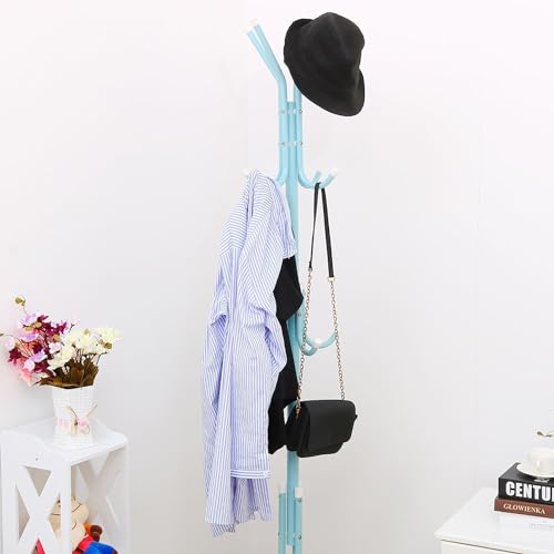 House of Quirk Coat Rack Freestanding Metal Coat Tree Hanger 12 Hooks Hat Rack for Hanging Bags Scarves Clothes Handbag Umbrella Jacket Hall Bedroom - Blue - Image 3