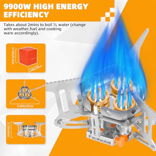 Facitsolvit 9900W Windproof Camping Gas Stove Portable Camping Stove with Piezo Ignition 1LB Propane Tank Adapter Butane Adapter for Outdoor Cooking Picnic Camping and Hiking - Image 3