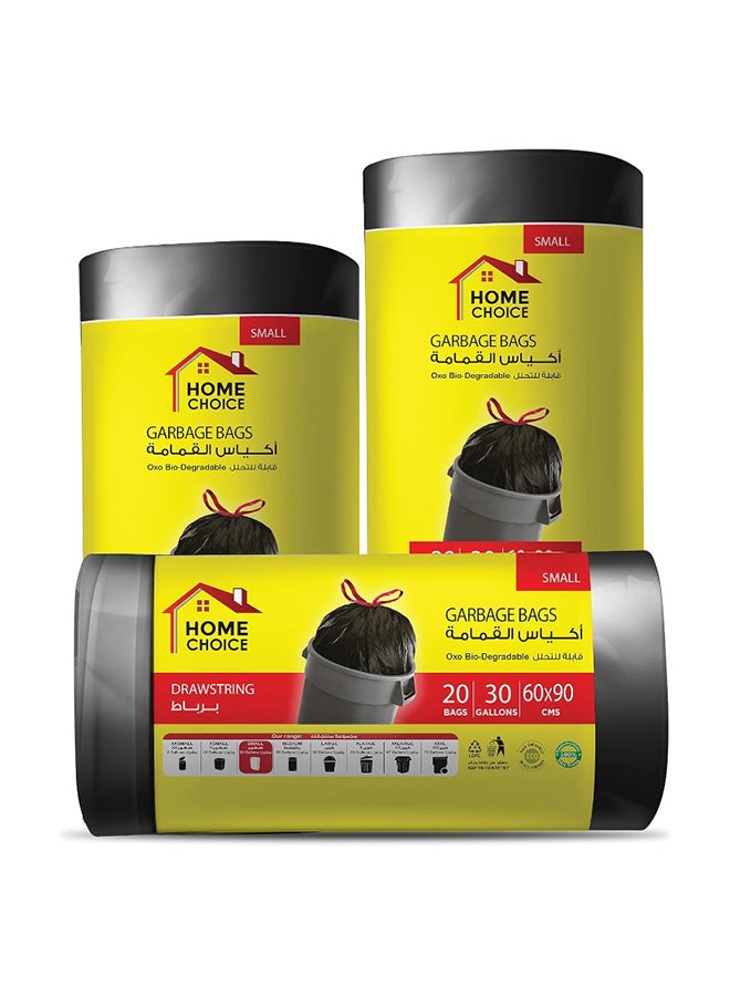 HOME CHOICE 30 جالون، عبوة من 60 قطعة، حجم 60*90 سم (20 كيس قمامة × 3 لفات)، أكياس قمامة بسلك شد، قابلة للتحلل، بطانات سلة مع رباط عنق - Image 4