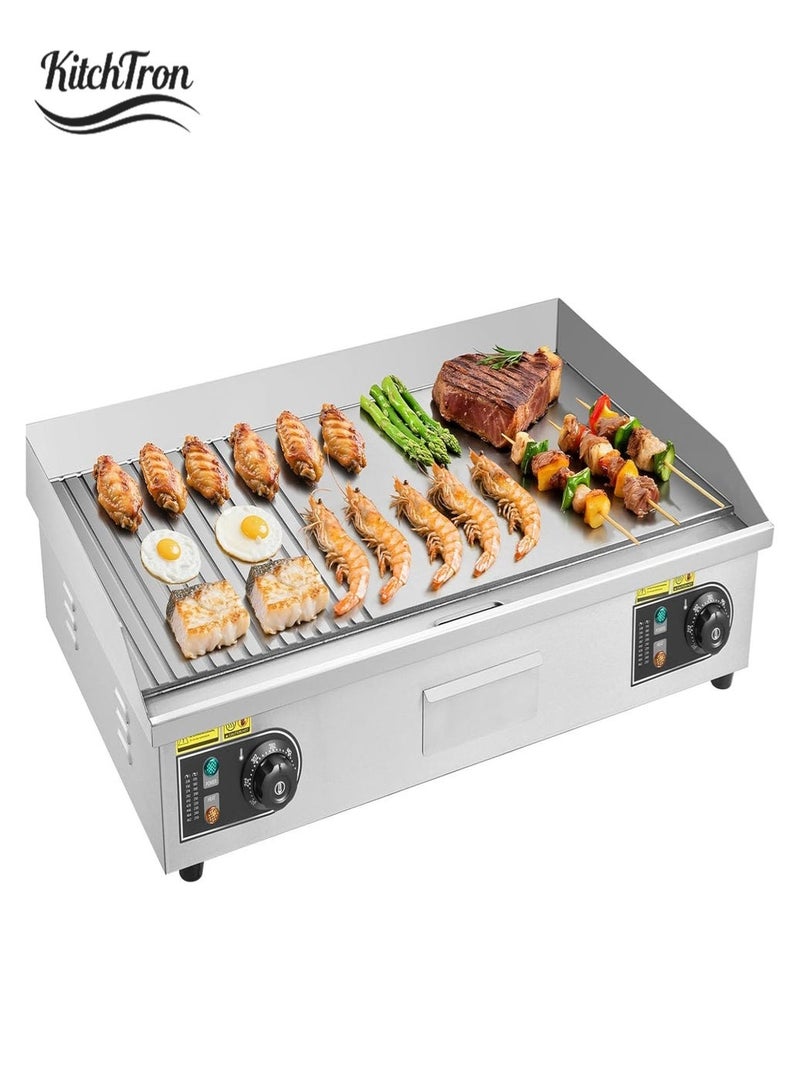 KitchTron Commercial Electric Griddle 4400W Flat & Grooved Grill Plate, 730 x 395mm Stainless Steel Countertop Grill, Adjustable 50-300°C Thermostat, Heavy Duty Electric Grill - Image 1